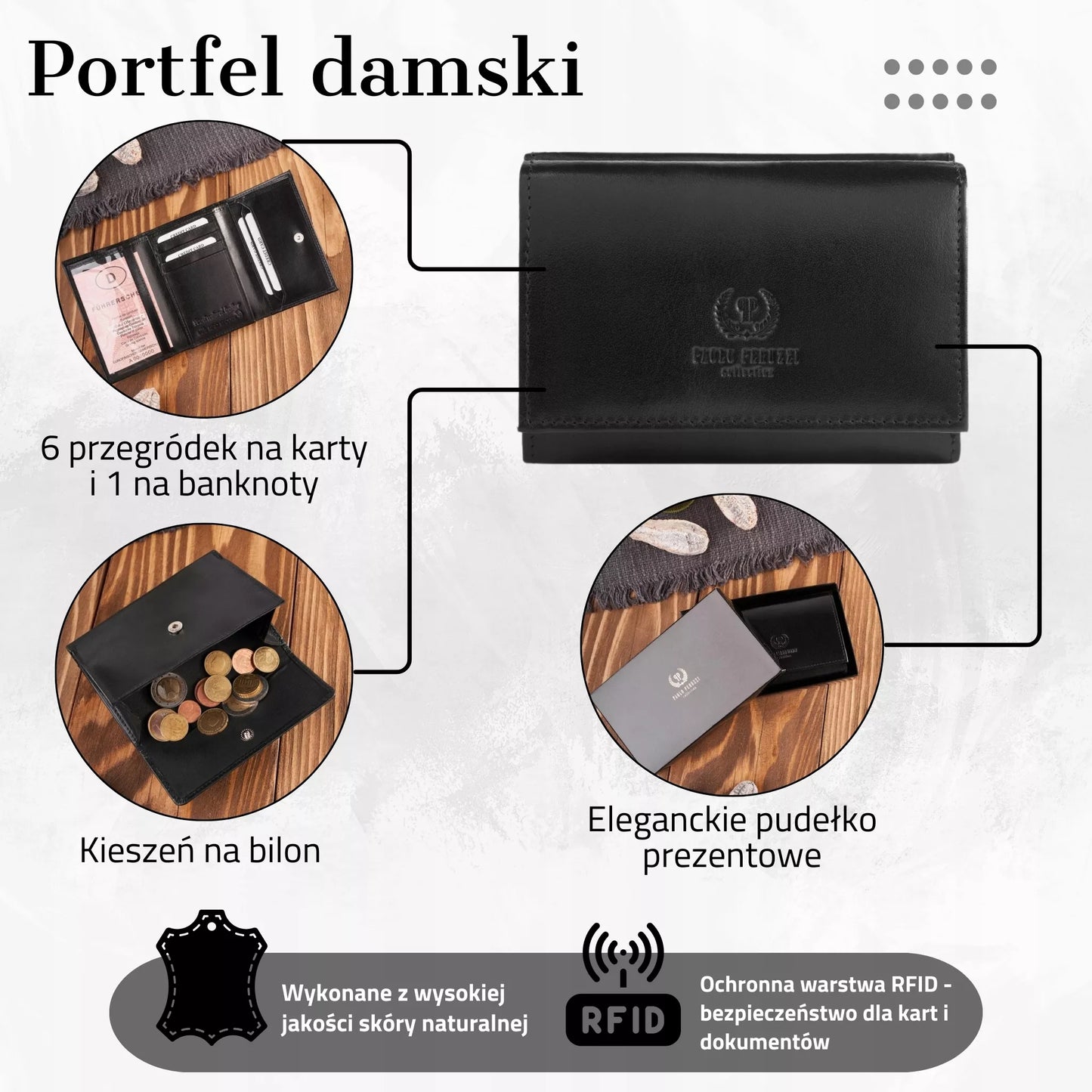 Maža juoda klasikinė elegantiška odinė moteriška piniginė Paolo Peruzzi