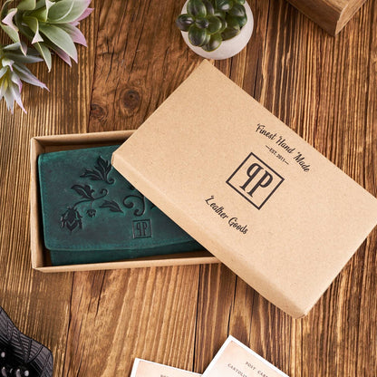 Moteriška odinė didelė "vintage" žalia piniginė su gėlėmis Paolo Peruzzi Rfid