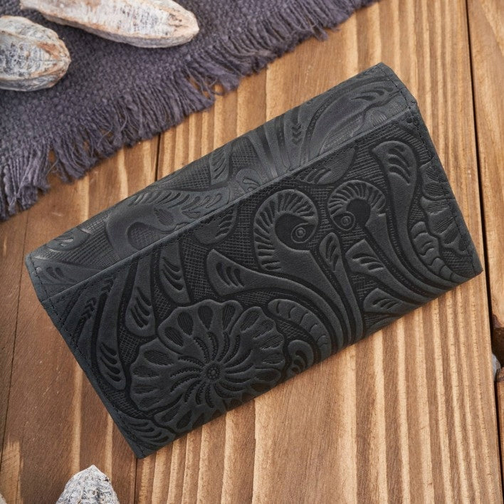 Moterims odinė vintage juoda piniginė su gėlėmis, didelė, madinga Paolo Peruzzi