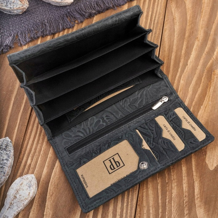 Moterims odinė vintage juoda piniginė su gėlėmis, didelė, madinga Paolo Peruzzi