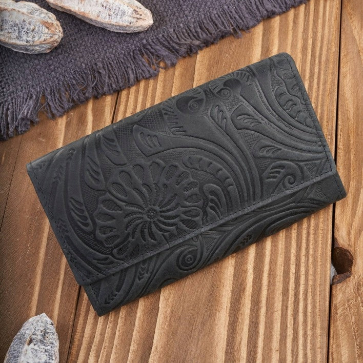 Moterims odinė vintage juoda piniginė su gėlėmis, didelė, madinga Paolo Peruzzi