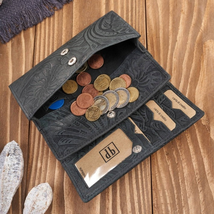 Moterims odinė vintage juoda piniginė su gėlėmis, didelė, madinga Paolo Peruzzi