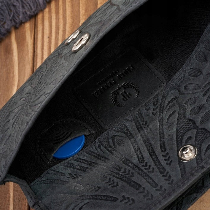 Moterims odinė vintage juoda piniginė su gėlėmis, didelė, madinga Paolo Peruzzi