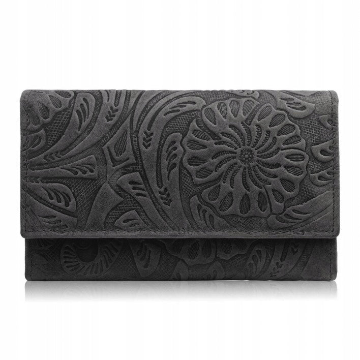 Moterims odinė vintage juoda piniginė su gėlėmis, didelė, madinga Paolo Peruzzi