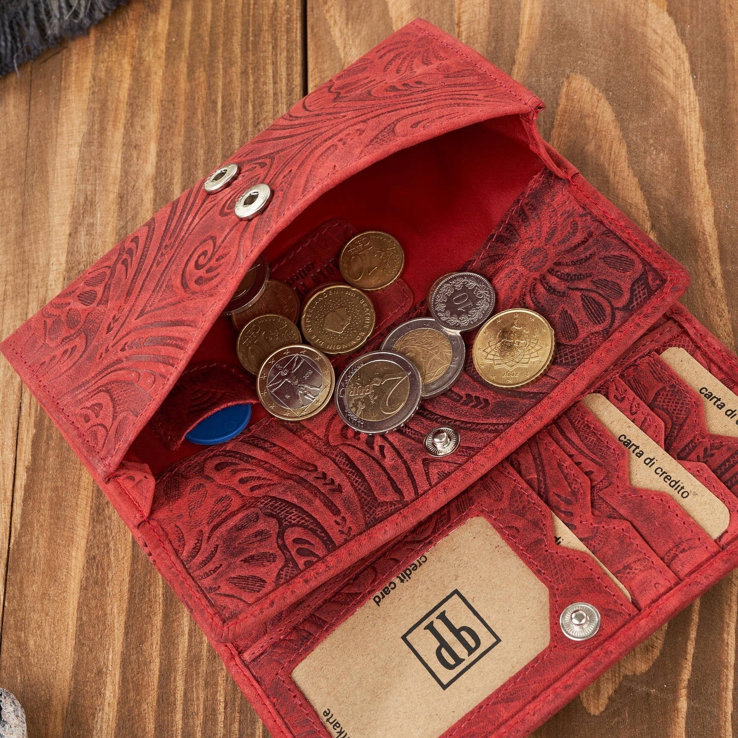 Didelė raudona odinė moteriška piniginė, vintage, su gėlių raštais Paolo Peruzzi