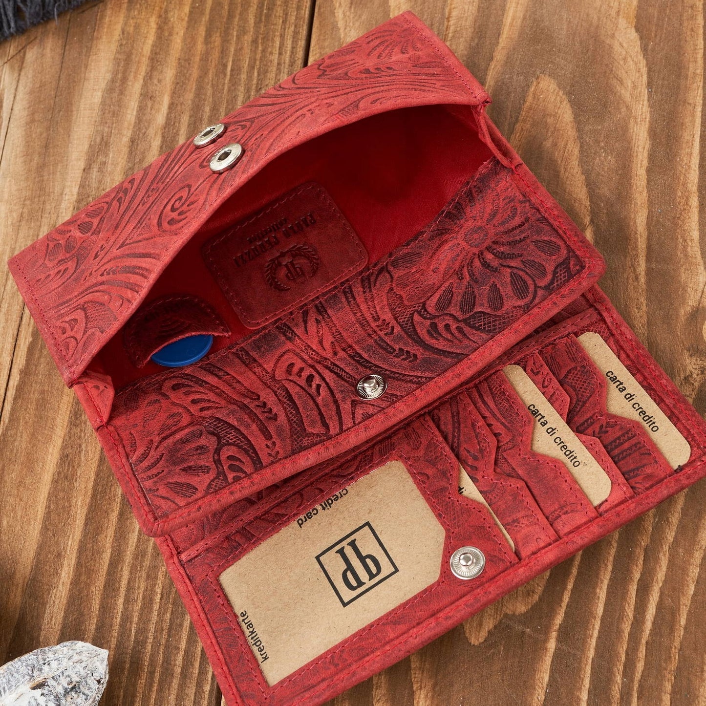 Didelė raudona odinė moteriška piniginė, vintage, su gėlių raštais Paolo Peruzzi