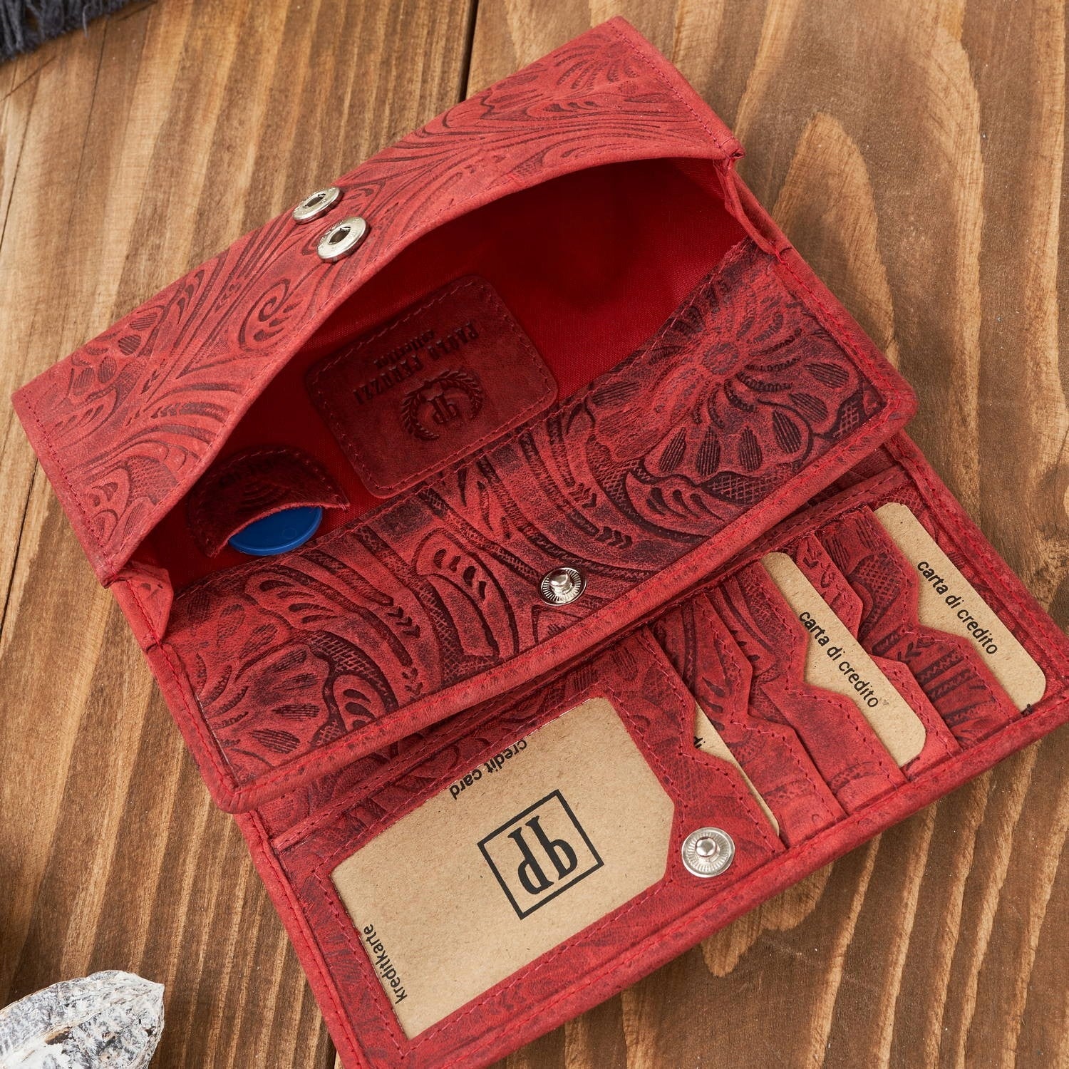 Didelė raudona odinė moteriška piniginė, vintage, su gėlių raštais Paolo Peruzzi