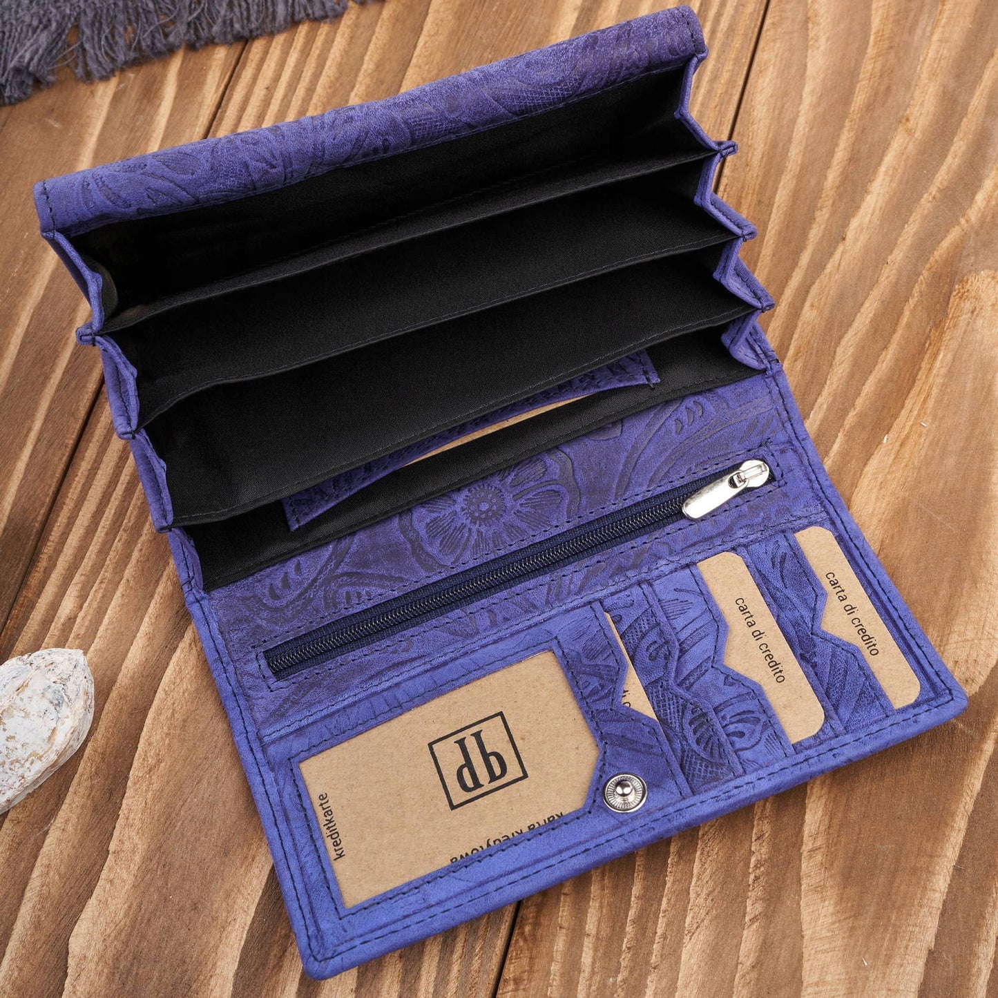 Didelė moteriška odinė piniginė, vintage, gėlėta, tamsiai mėlyna Paolo Peruzzi