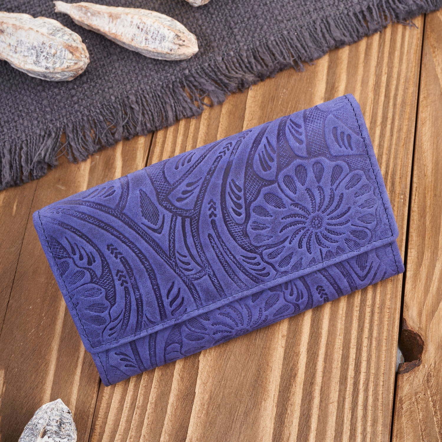 Didelė moteriška odinė piniginė, vintage, gėlėta, tamsiai mėlyna Paolo Peruzzi