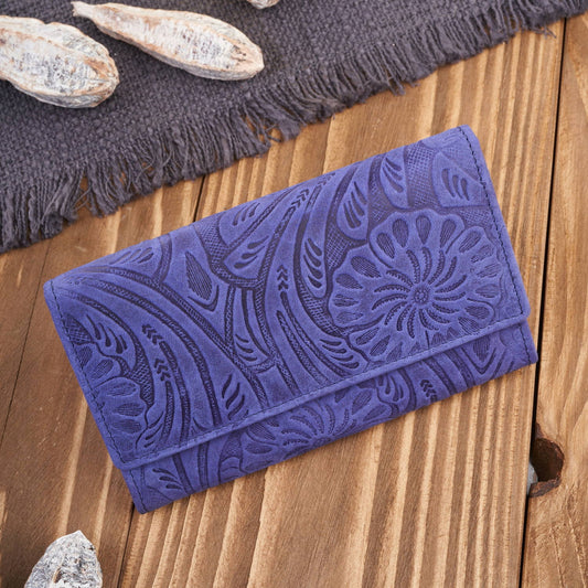 Didelė moteriška odinė piniginė, vintage, gėlėta, tamsiai mėlyna Paolo Peruzzi