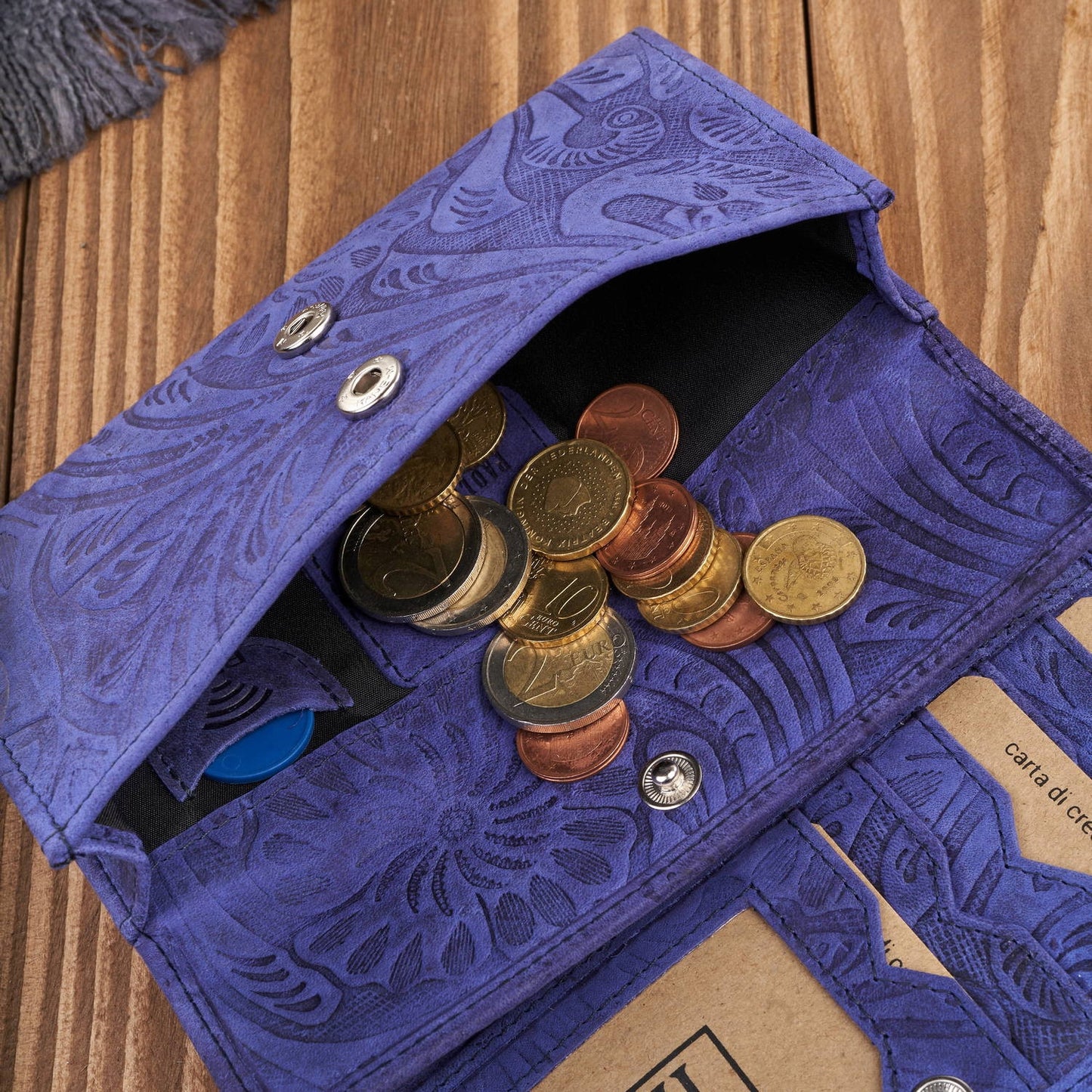 Didelė moteriška odinė piniginė, vintage, gėlėta, tamsiai mėlyna Paolo Peruzzi