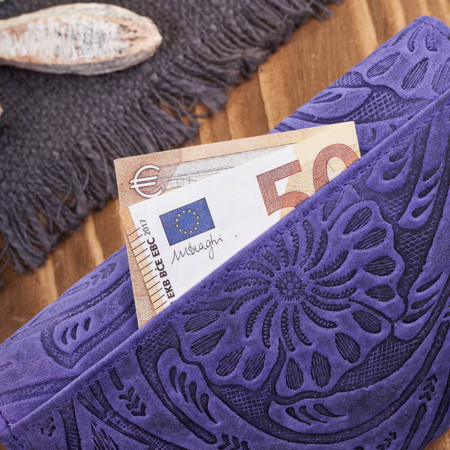 Didelė moteriška odinė piniginė, vintage, gėlėta, tamsiai mėlyna Paolo Peruzzi