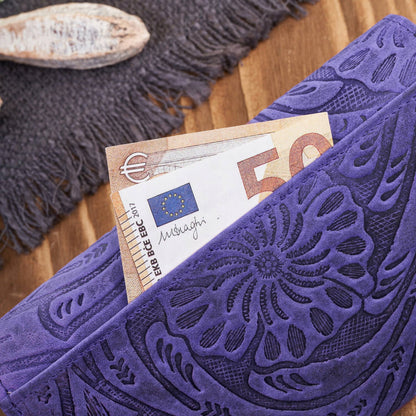 Didelė moteriška odinė piniginė, vintage, gėlėta, tamsiai mėlyna Paolo Peruzzi