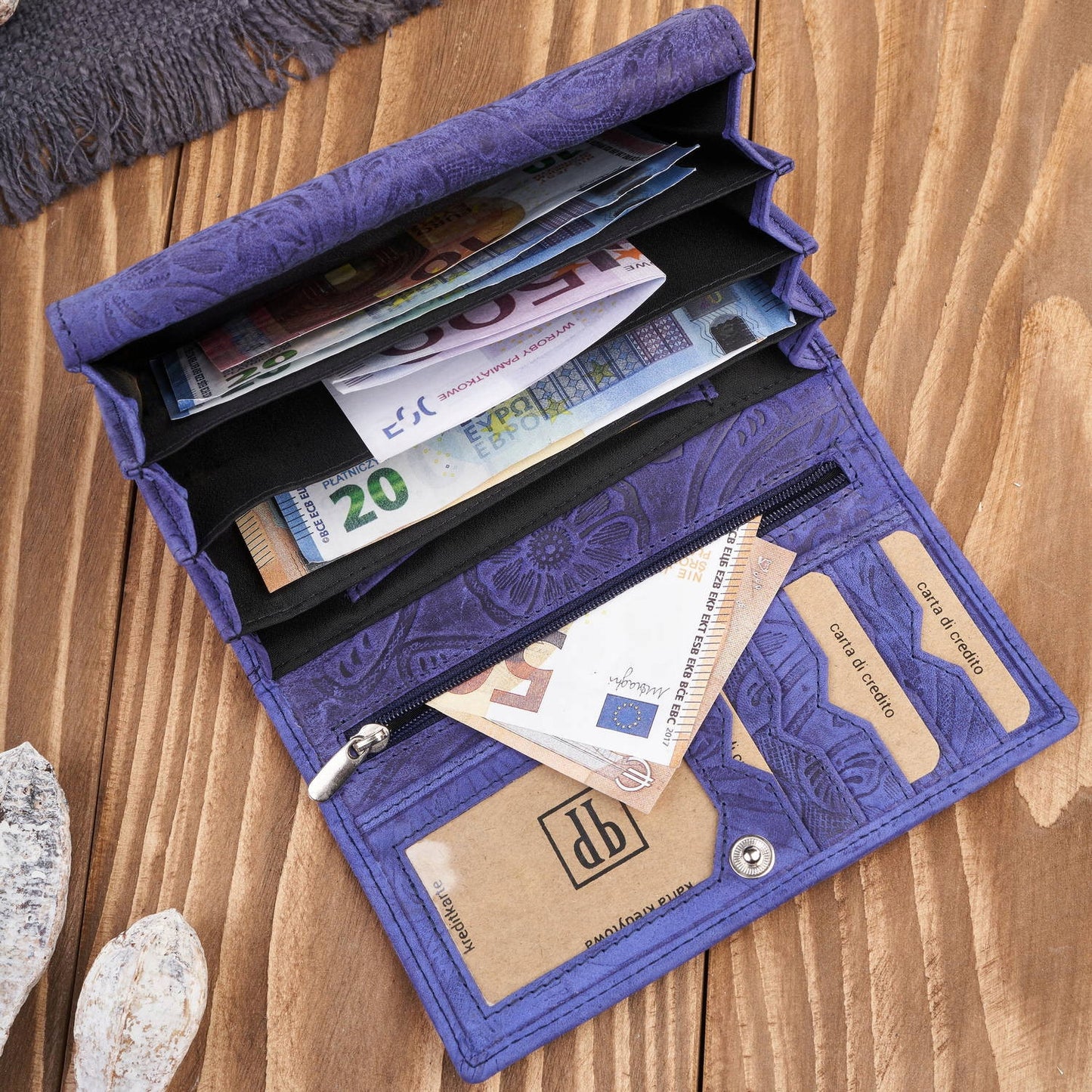 Didelė moteriška odinė piniginė, vintage, gėlėta, tamsiai mėlyna Paolo Peruzzi