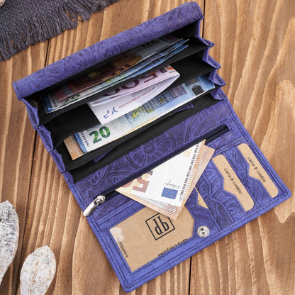 Didelė moteriška odinė piniginė, vintage, gėlėta, tamsiai mėlyna Paolo Peruzzi