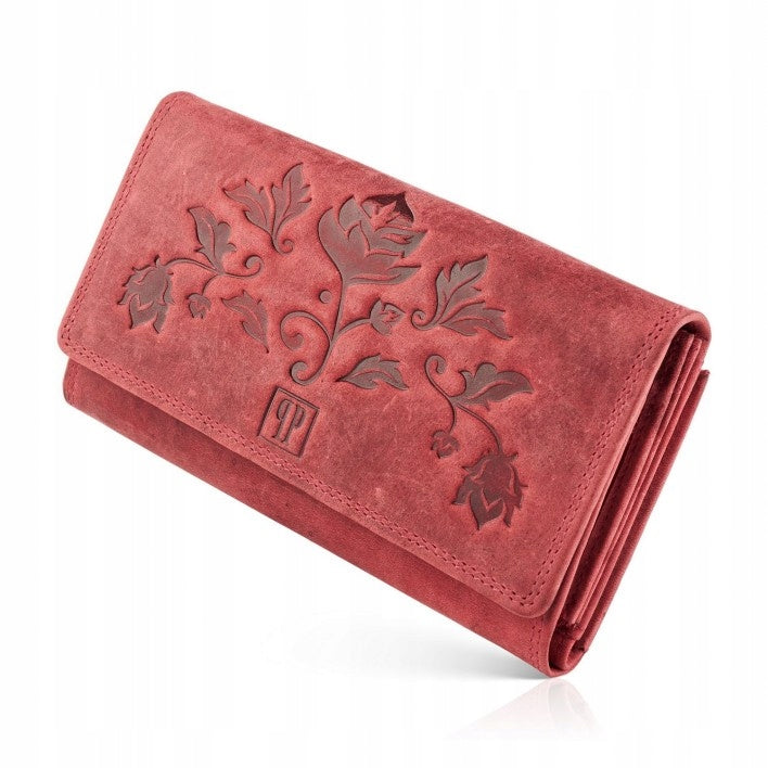 Odinė moteriška piniginė su gėlių raštu, raudona, kaip dovana PAOLO PERUZZI RFID