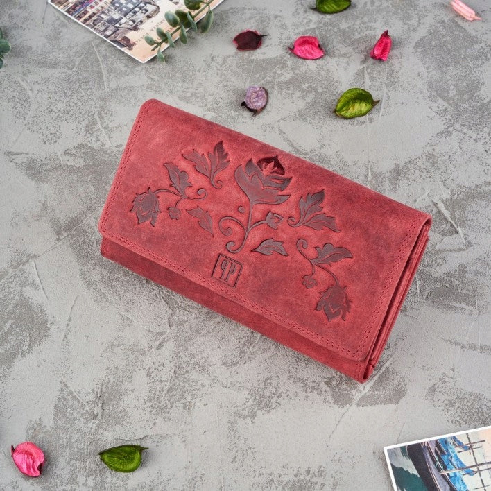 Odinė moteriška piniginė su gėlių raštu, raudona, kaip dovana PAOLO PERUZZI RFID
