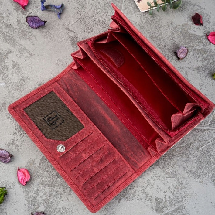 Odinė moteriška piniginė su gėlių raštu, raudona, kaip dovana PAOLO PERUZZI RFID