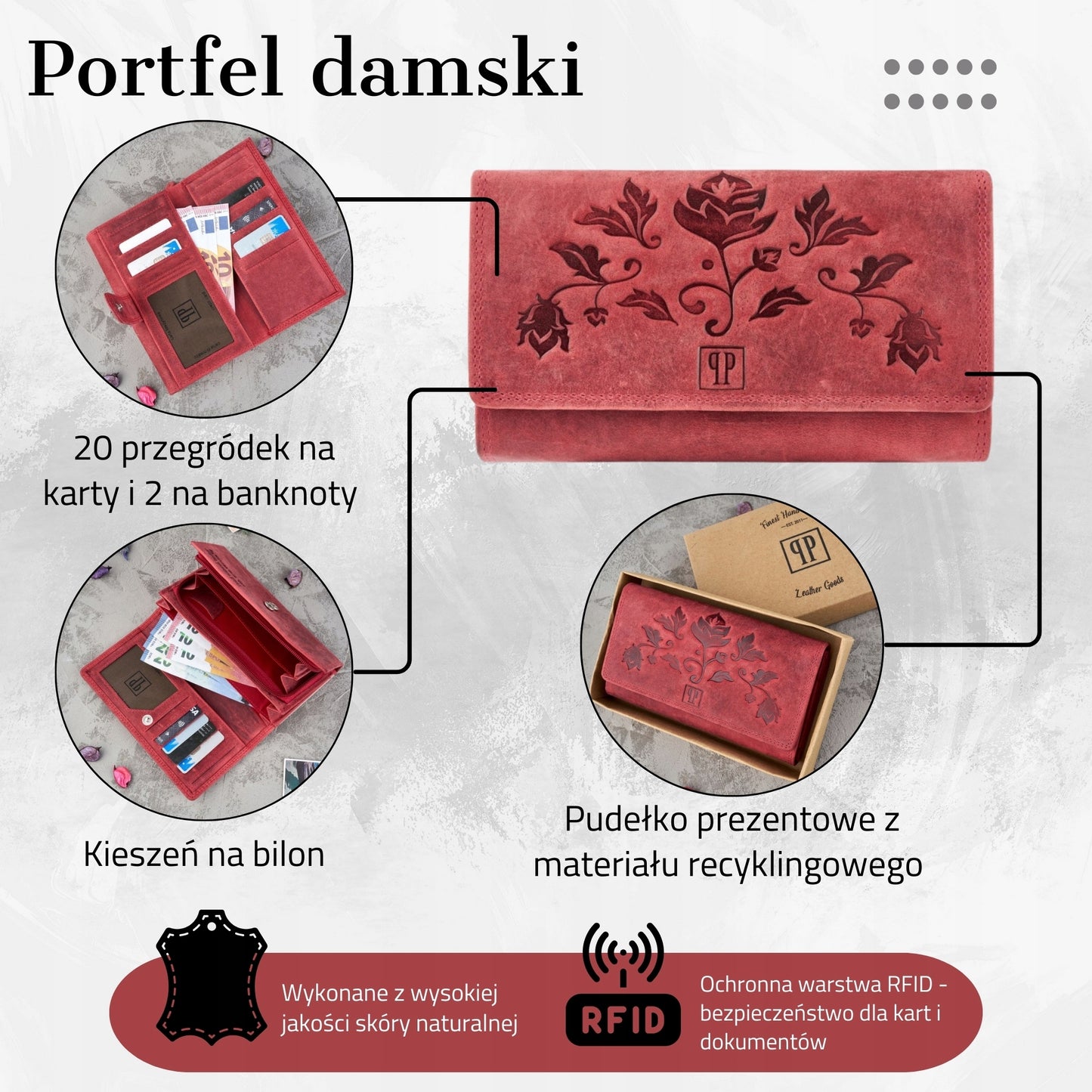 Odinė moteriška piniginė su gėlių raštu, raudona, kaip dovana PAOLO PERUZZI RFID