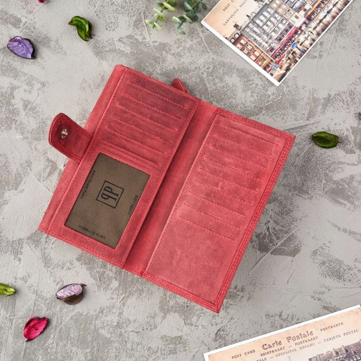 Odinė moteriška piniginė su gėlių raštu, raudona, kaip dovana PAOLO PERUZZI RFID