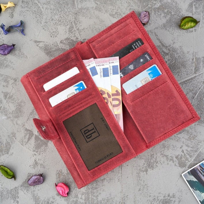 Odinė moteriška piniginė su gėlių raštu, raudona, kaip dovana PAOLO PERUZZI RFID