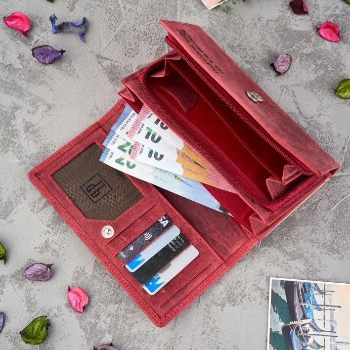 Odinė moteriška piniginė su gėlių raštu, raudona, kaip dovana PAOLO PERUZZI RFID