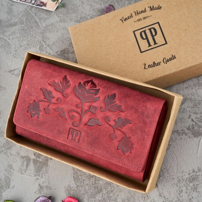 Odinė moteriška piniginė su gėlių raštu, raudona, kaip dovana PAOLO PERUZZI RFID