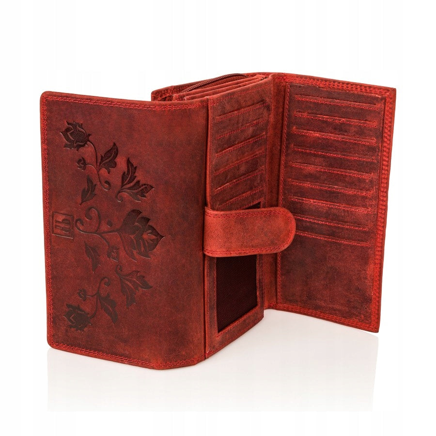 Odinė moteriška piniginė su gėlių raštu, raudona, kaip dovana PAOLO PERUZZI RFID