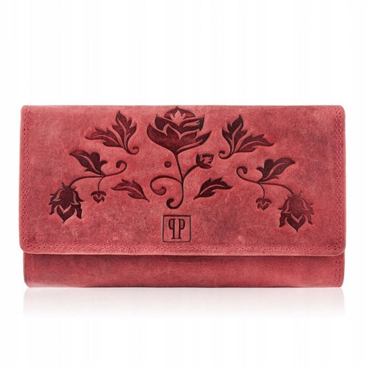 Odinė moteriška piniginė su gėlių raštu, raudona, kaip dovana PAOLO PERUZZI RFID