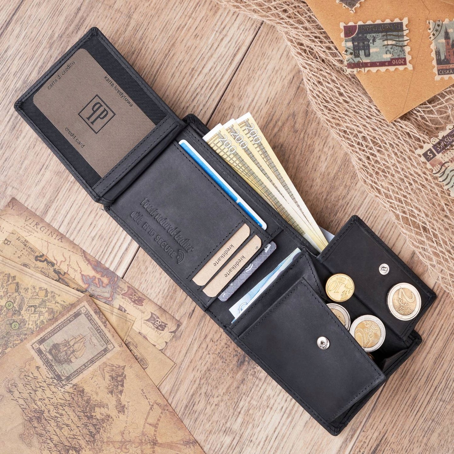 Vyriška piniginė dovanai PAOLO PERUZZI, natūrali oda + drobė RFID