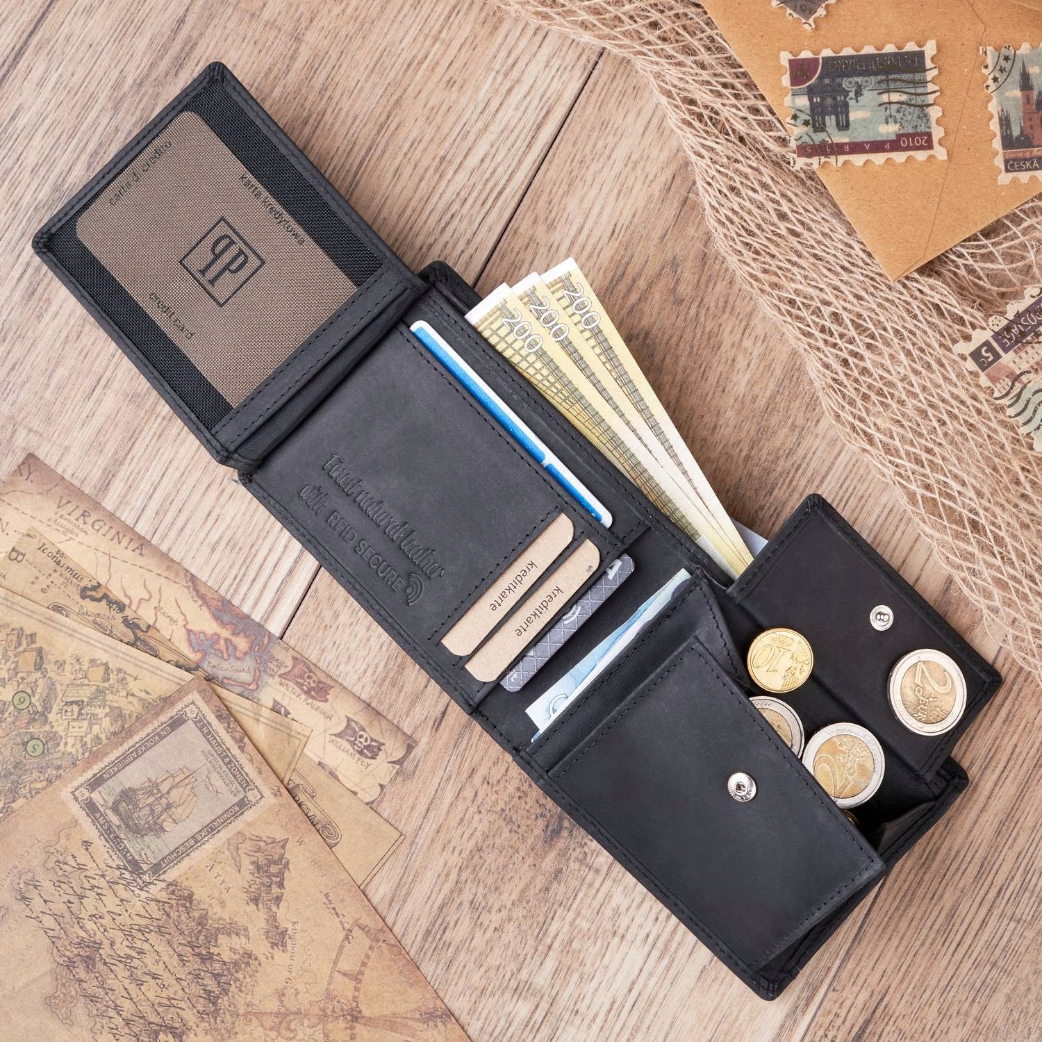 Vyriška piniginė dovanai PAOLO PERUZZI, natūrali oda + drobė RFID