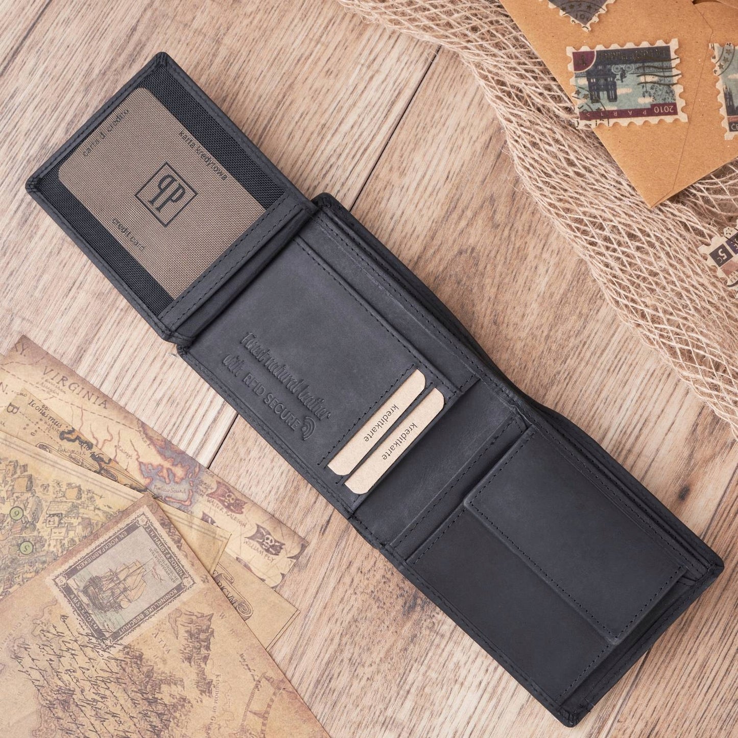 Vyriška piniginė dovanai PAOLO PERUZZI, natūrali oda + drobė RFID