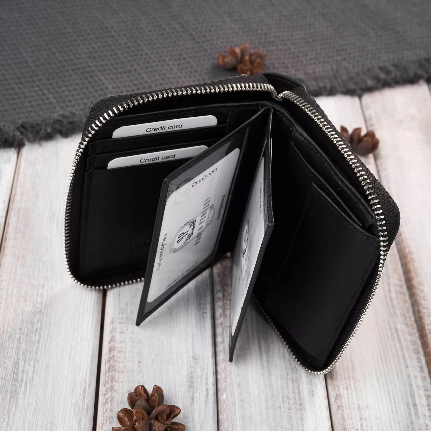 Vyriška piniginė su užtrauktuku, juoda drobė + vintage oda Paolo Peruzzi RFID