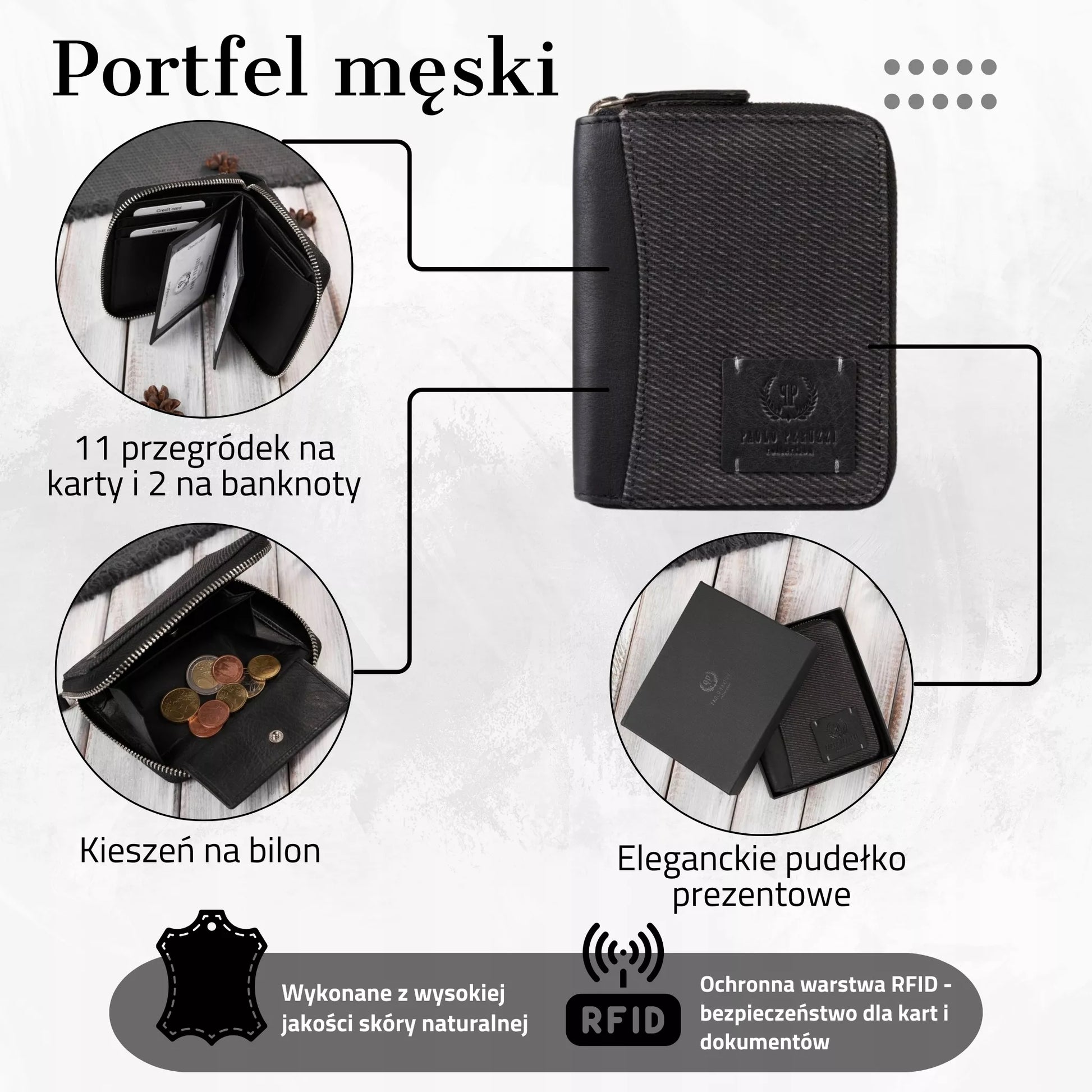 Vyriška piniginė su užtrauktuku, juoda drobė + vintage oda Paolo Peruzzi RFID