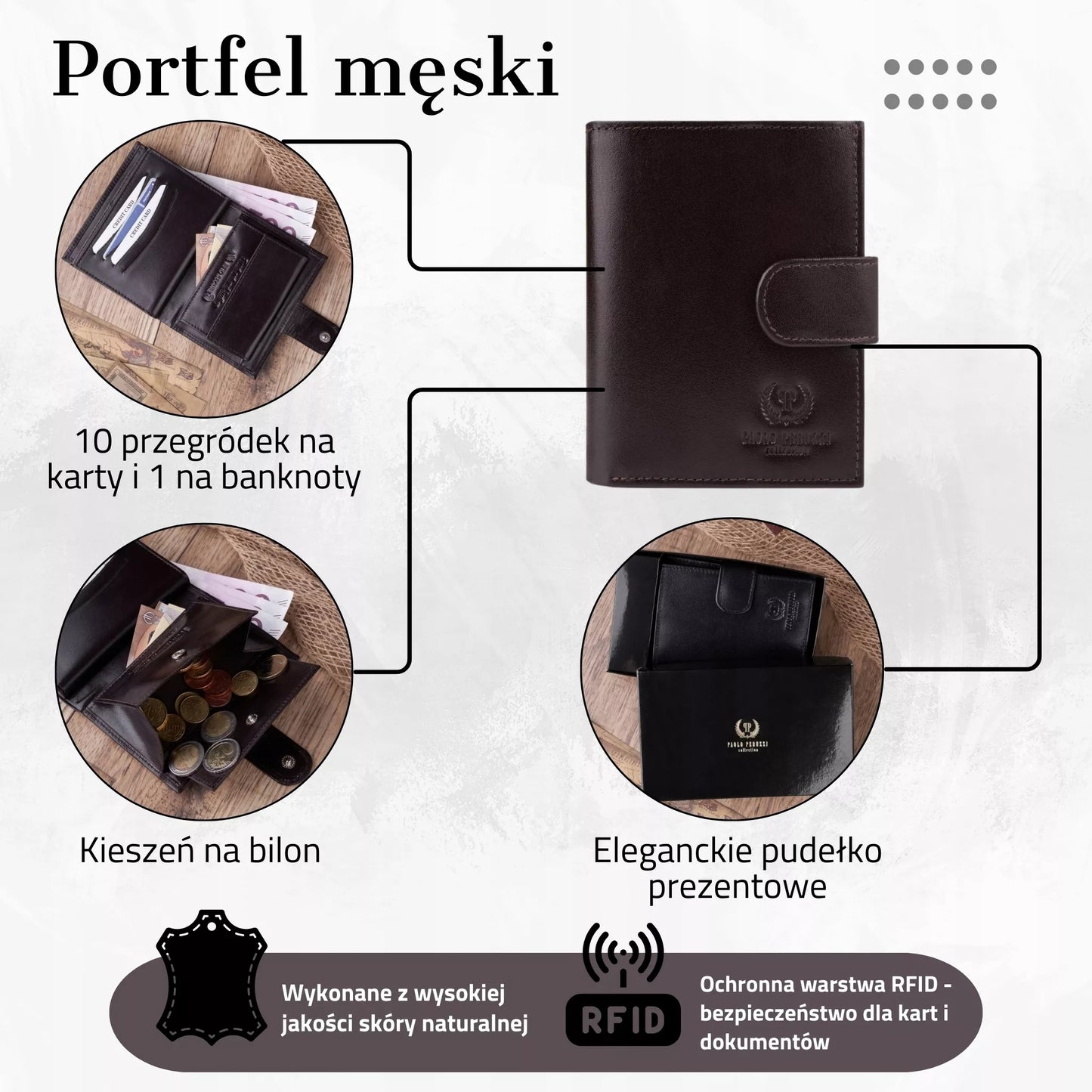 Odinė vyriška "Paolo Peruzzi" piniginė, užsegama atvartu, su RFID apsauga, rudoje dėžutėje