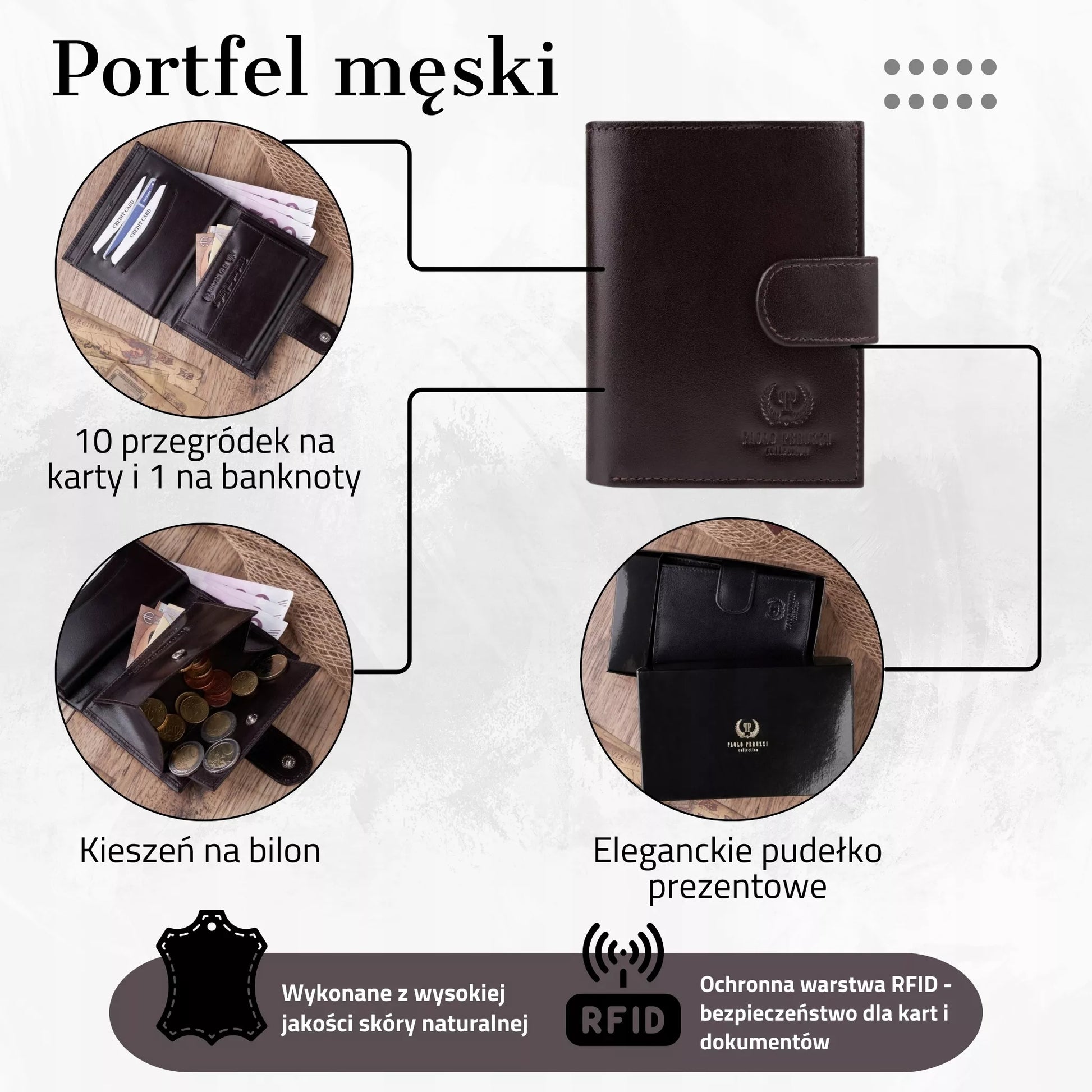 Odinė vyriška "Paolo Peruzzi" piniginė, užsegama atvartu, su RFID apsauga, rudoje dėžutėje