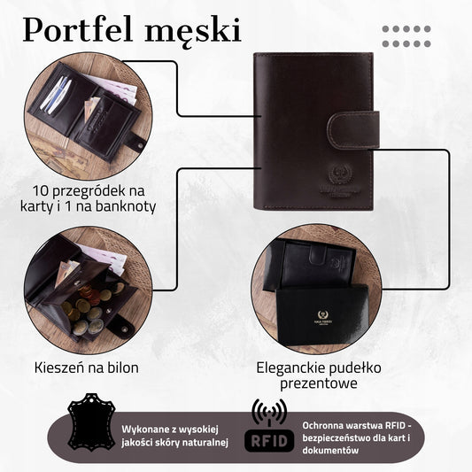 Odinė vyriška "Paolo Peruzzi" piniginė, užsegama atvartu, su RFID apsauga, rudoje dėžutėje