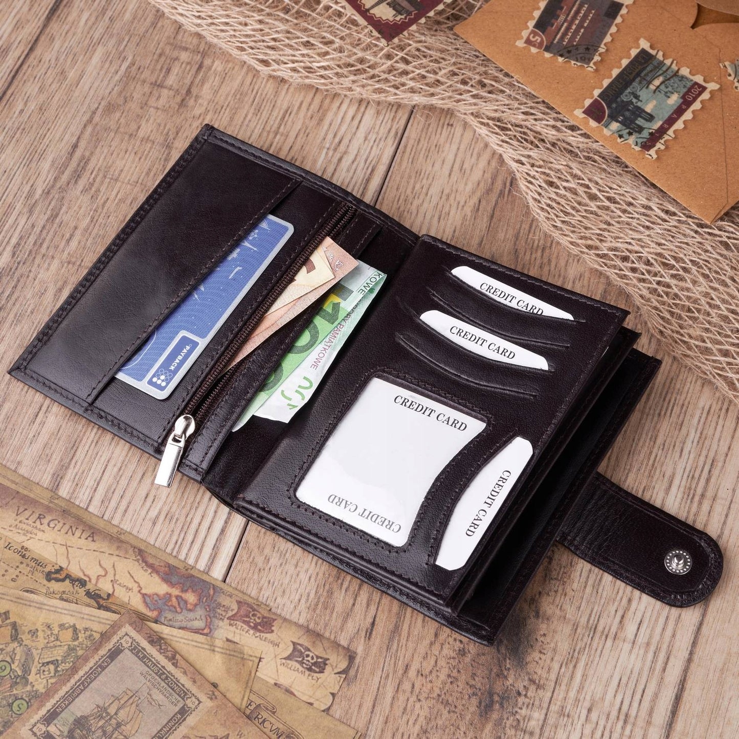 Odinė vyriška "Paolo Peruzzi" piniginė, užsegama atvartu, su RFID apsauga, rudoje dėžutėje