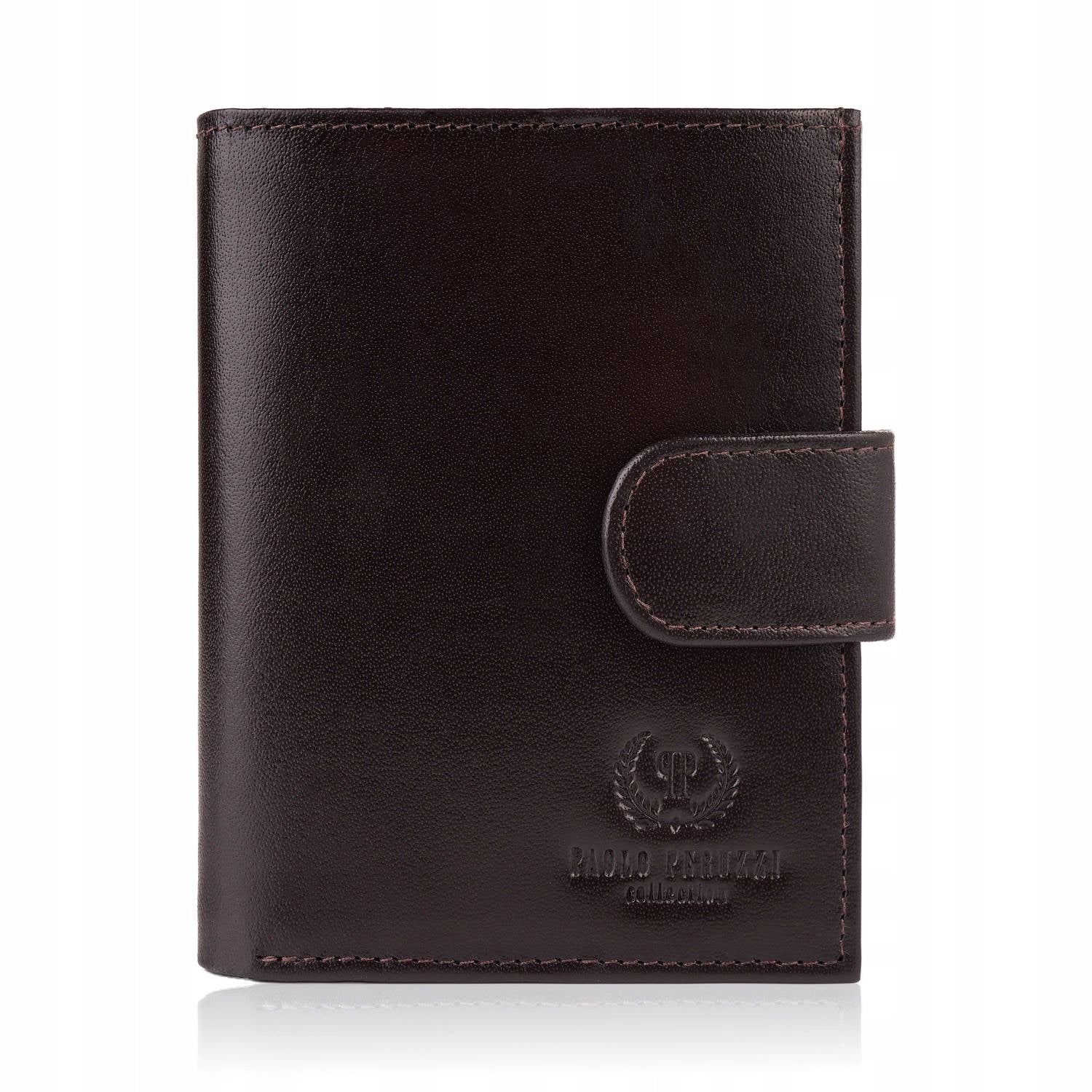 Odinė vyriška "Paolo Peruzzi" piniginė, užsegama atvartu, su RFID apsauga, rudoje dėžutėje