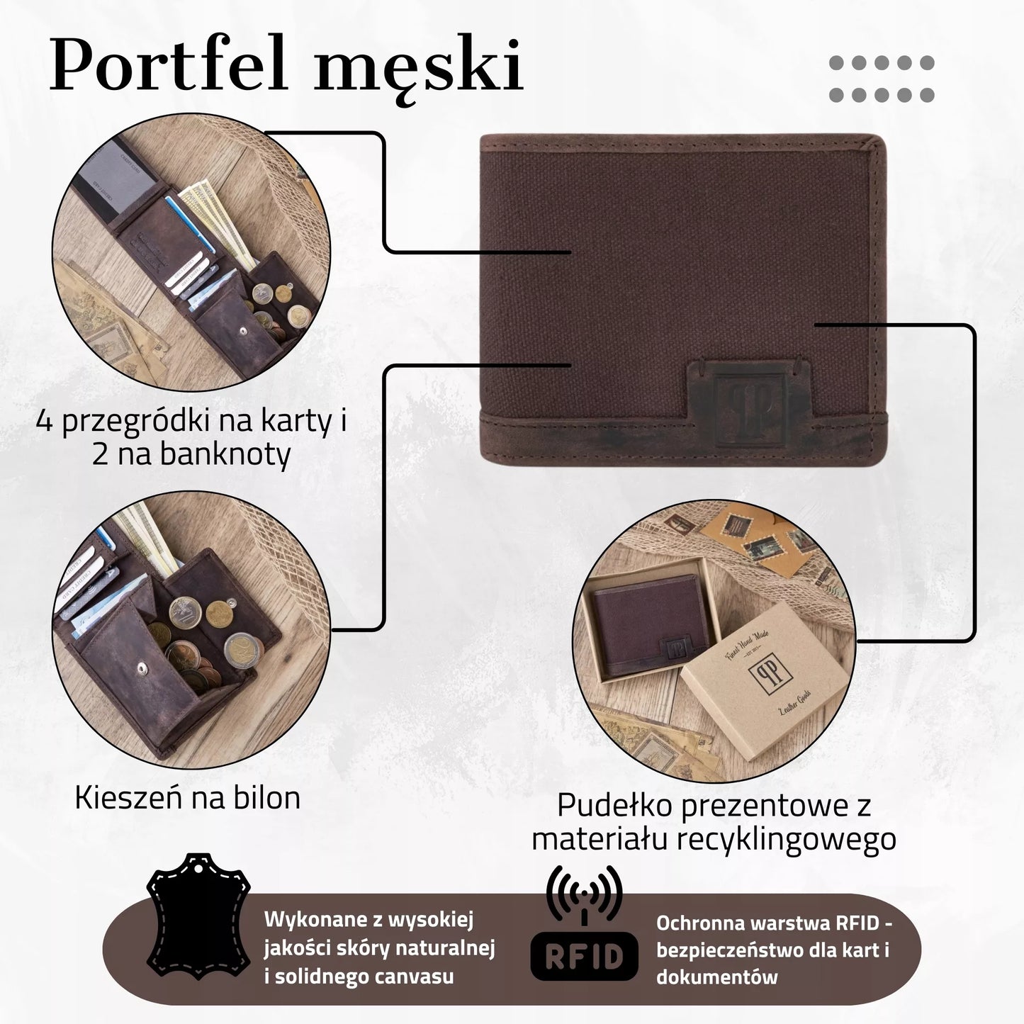 Vyriška odinė piniginė su drobe, dėžutėje, jaunimui, su RFID apsauga