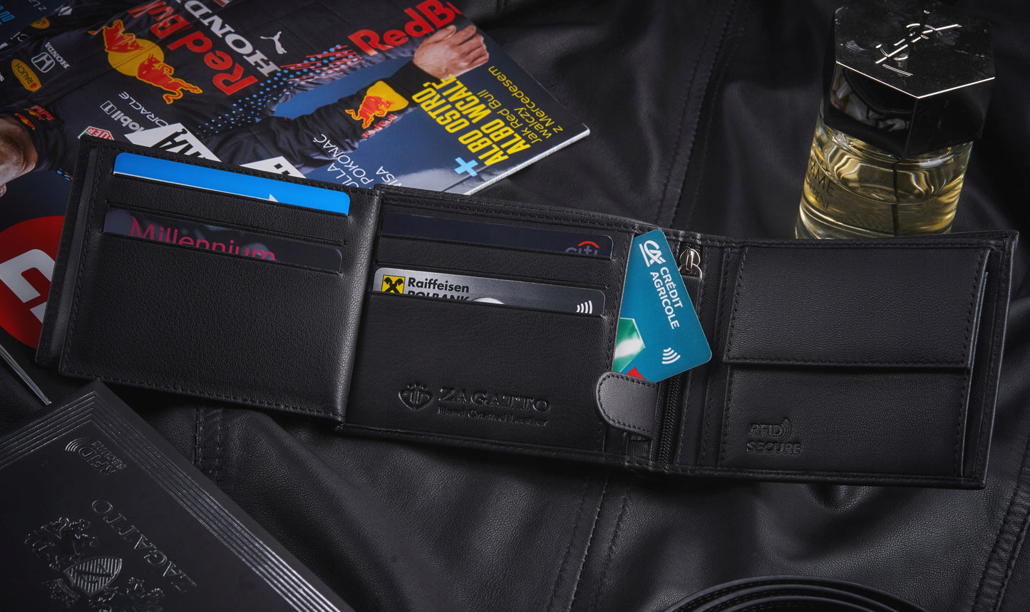 Vyriška odinė juoda piniginė horizontalioji, odinė, apsauga nuo vagysčių RFID ZAGATTO