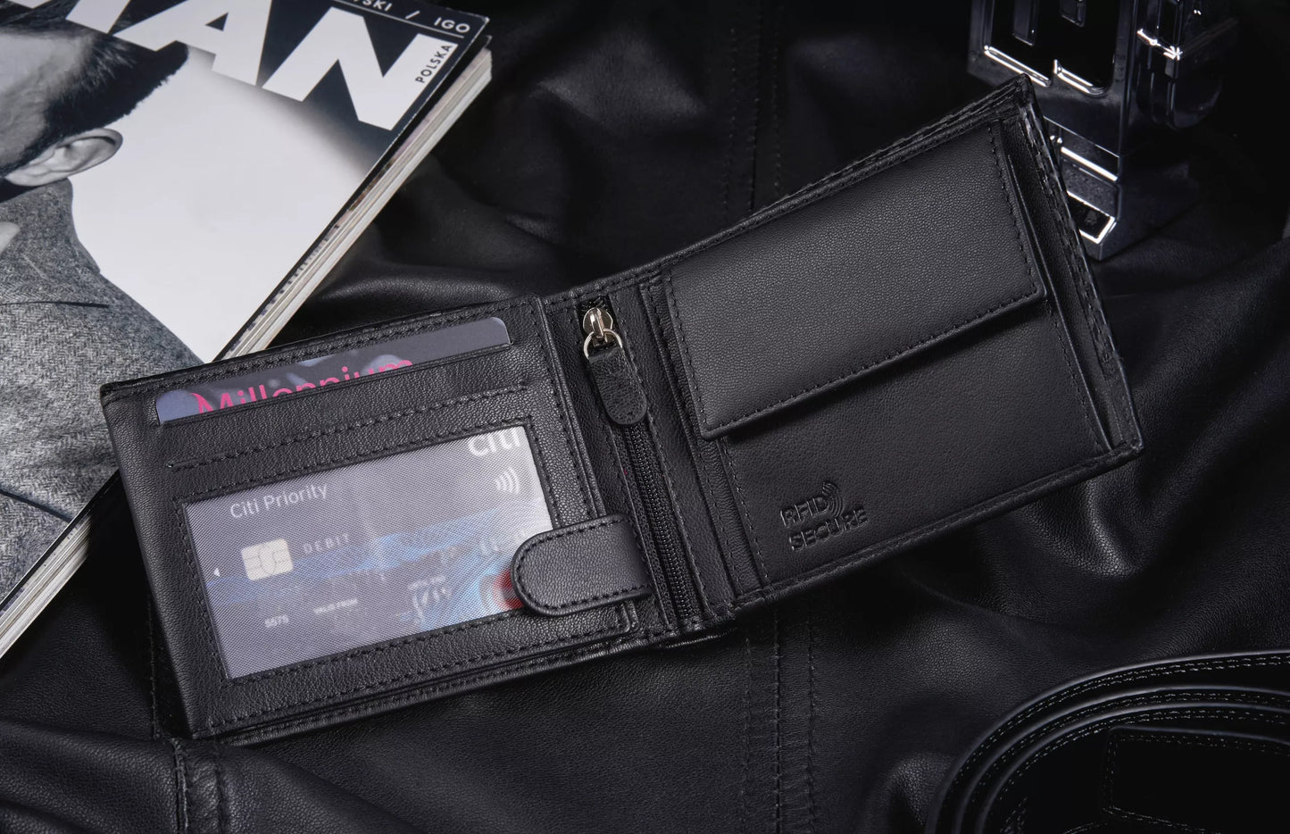 Vyriška odinė juoda piniginė horizontalioji, odinė, apsauga nuo vagysčių RFID ZAGATTO