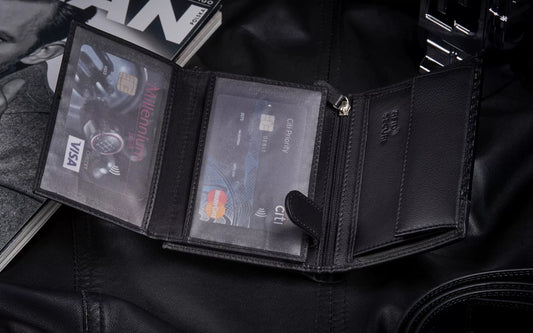 Vyriška odinė vertikali piniginė, juoda, elegantiška, su RFID kortelių apsauga ZAGATTO