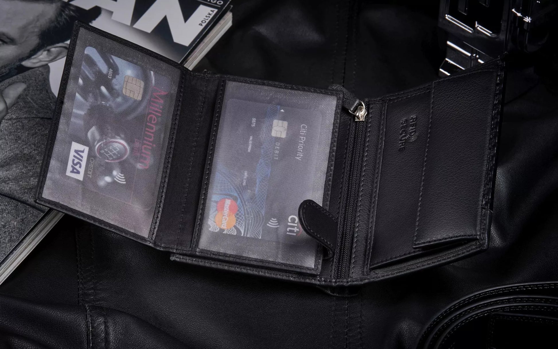 Vyriška odinė vertikali piniginė, juoda, elegantiška, su RFID kortelių apsauga ZAGATTO