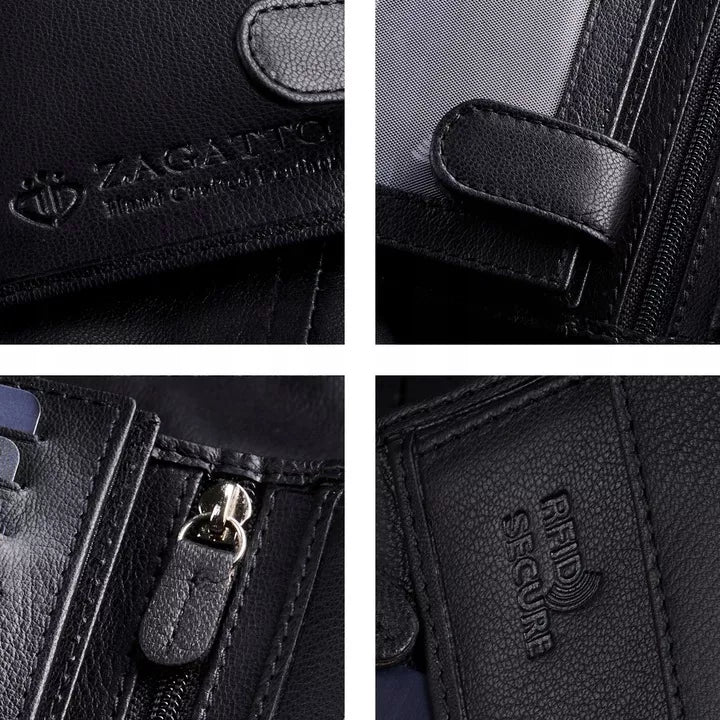 Vyriška odinė vertikali piniginė, juoda, elegantiška, su RFID kortelių apsauga ZAGATTO
