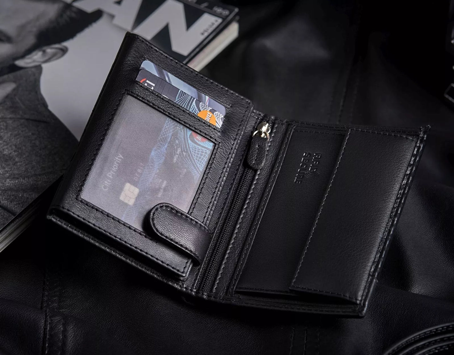 Vyriška odinė vertikali piniginė, juoda, elegantiška, su RFID kortelių apsauga ZAGATTO