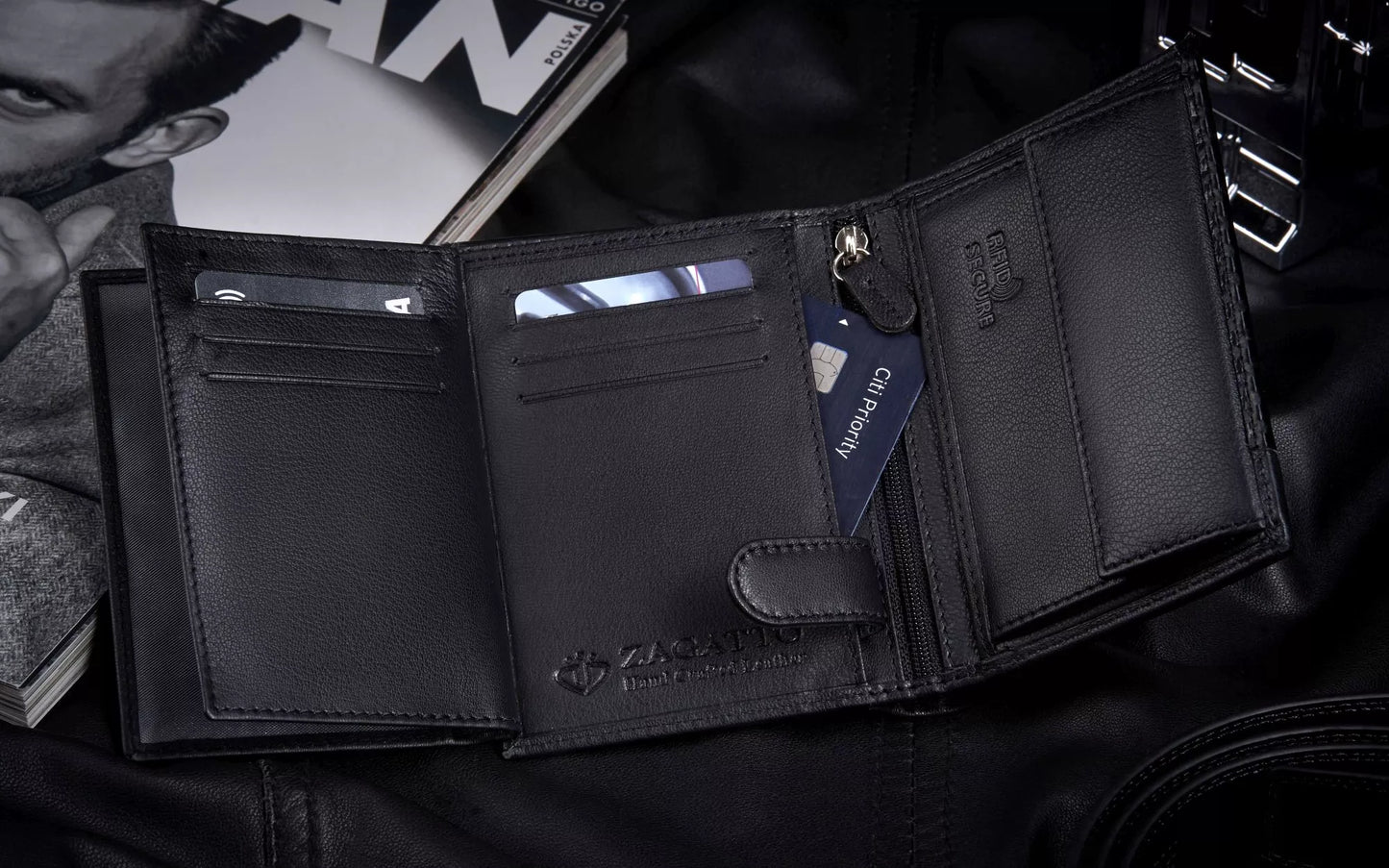 Vyriška odinė vertikali piniginė, juoda, elegantiška, su RFID kortelių apsauga ZAGATTO