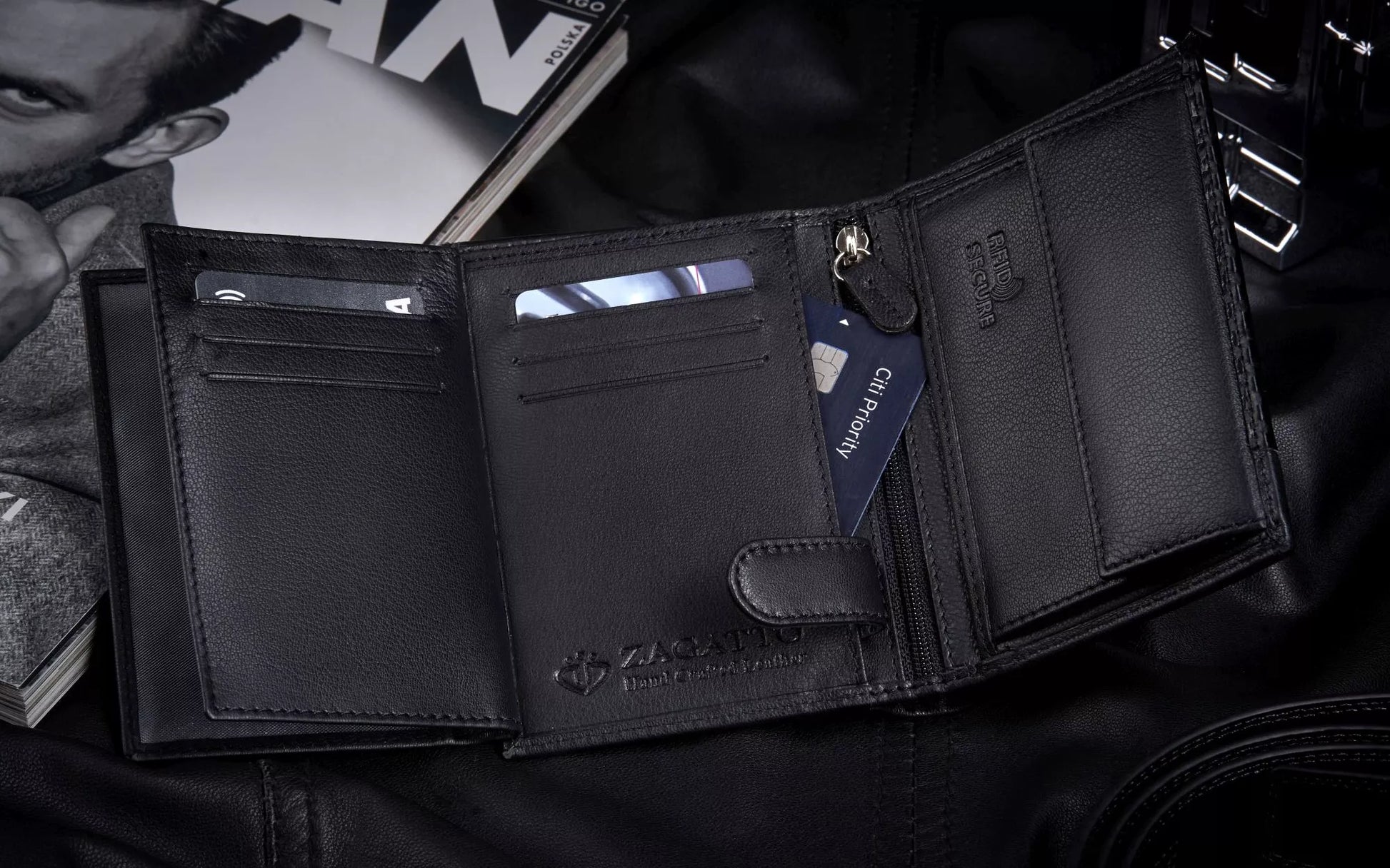 Vyriška odinė vertikali piniginė, juoda, elegantiška, su RFID kortelių apsauga ZAGATTO