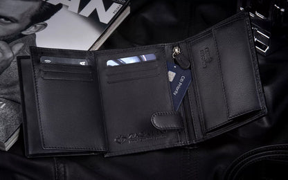 Vyriška odinė vertikali piniginė, juoda, elegantiška, su RFID kortelių apsauga ZAGATTO