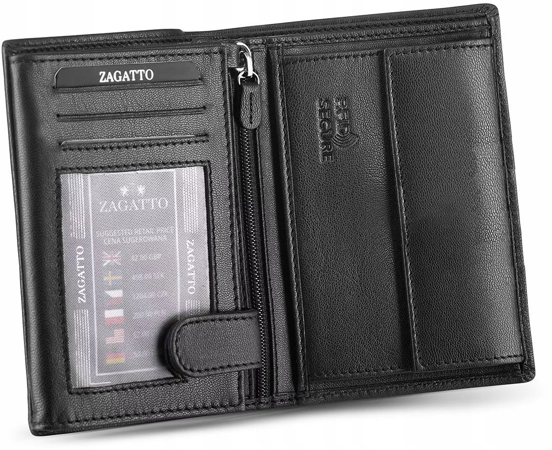 Vyriška odinė vertikali piniginė, juoda, elegantiška, su RFID kortelių apsauga ZAGATTO
